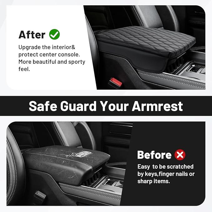 Autorder Center Console Cover for 2019-2025 2026 Dodge Ram 1500/2500/3500 Accessories Armrest Cushion Cover Nappa Leather Middle Console Covers Console Cushion Pad Anti-Scratch(Bucket Seat Only)