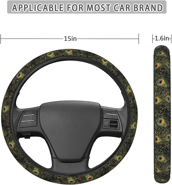 Peacock Feather Art Steering Wheel Covers Anti-Slip Elasticity Car Accessories Steering Wheel Protector Universal 15 Inch for Cars SUV Vehicle Truck