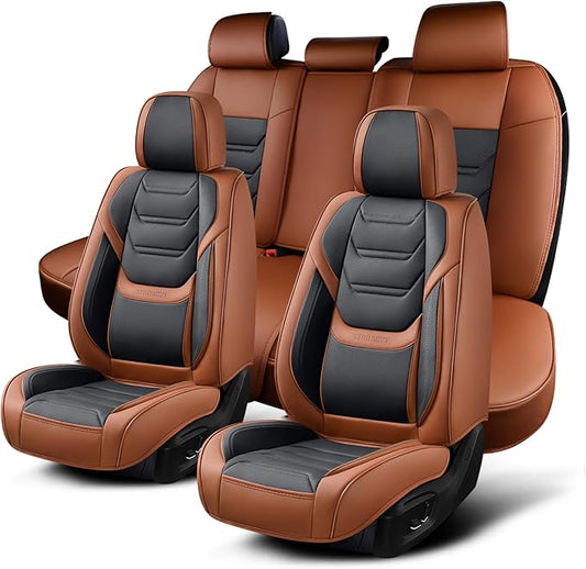 Leather Car Seat Covers Full Set with Lumbar Support, Waterproof Car Seat Cover, Universal Seat Covers for Cars, Trucks, SUVs, Sedans, Airbag Compatible, Front Pair and Rear, Brown&Black