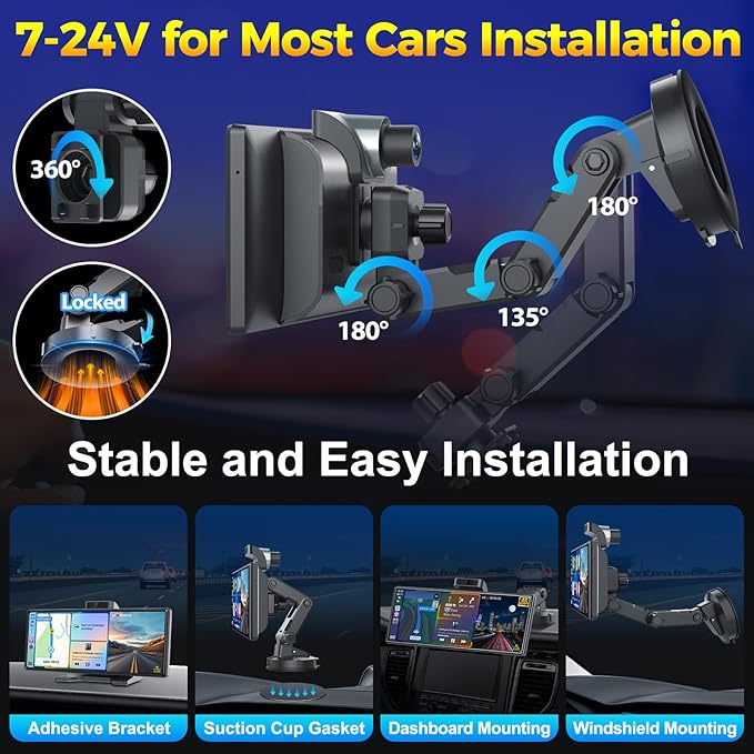 10.26" Wireless Apple CarPlay Android Auto Car Screen - Secure Strong Bracket, 4K Dash Cam, GPS Navigation, HD Touchscreen, AirPlay, Car Stereo, Fits All Vehicles