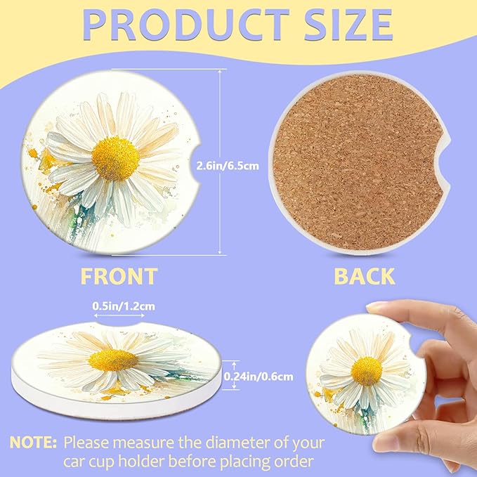 2 Pack Car Cup Holder Coaster-Watercolor Daisy Floral Absorbent Ceramic Coaster, Car Coasters for Cup Holders,Auto Accessories for Women & Men