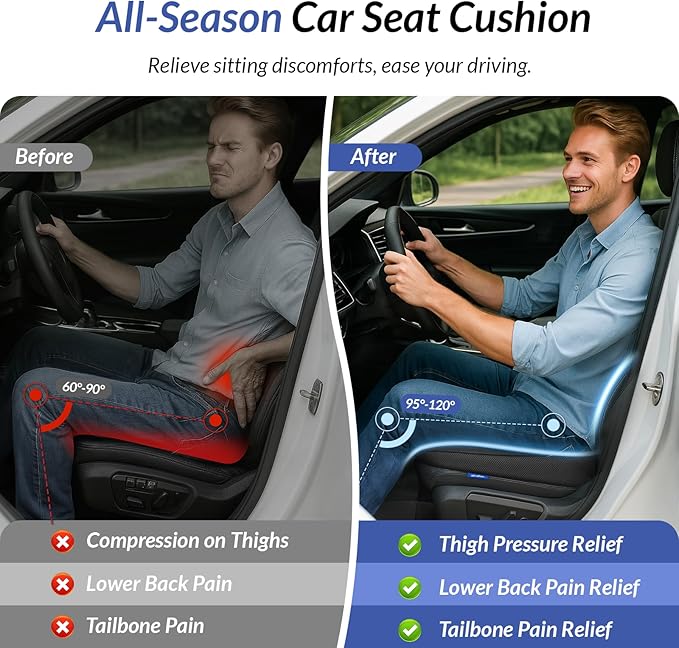 ZIKEE All-Season Car Seat Cushion for Comfortable & Safe Driving, Breathable Seat Cushion for Car with Ventilated Channel & Mesh Cover, Memory Foam for Sciatica, Tailbone & Back Pain Relief, Anti-Slip