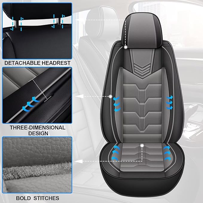 Seat Covers Fit for Chevrolet Chevy Traverse 2018-2024 2PCS Front Car Seat Covers Faux Leather Seat Cushion Waterproof Auto Protectors(Black & Grey)-2 Front Seat Covers