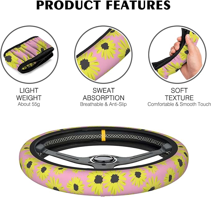 Abstract Sunflower Car Steering Wheel Cover, Non-Slip Absorbing Sweat Car Wheel Cover Accessories for Men Women,Universal 15" Fit Auto SUV Vans Trucks