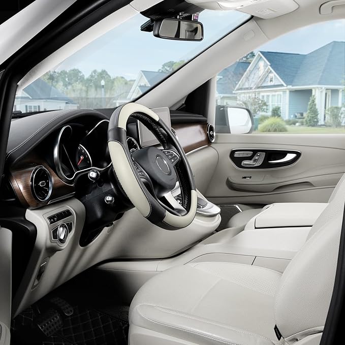 SEG Direct Car Steering Wheel Cover for Medium Standard Size Steering Wheels with 14 1/2-15 inches Outer Diameter, Black and Gray Microfiber Leather