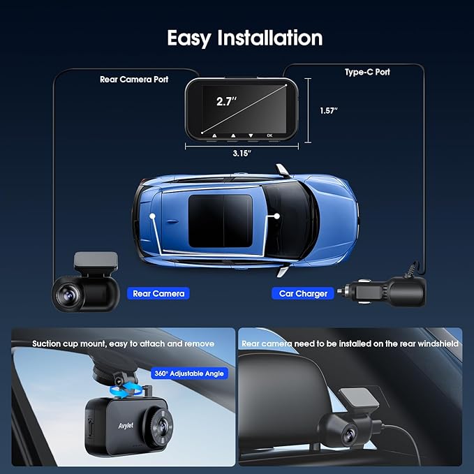 Avylet 4K/2.5K+1080P Dash Cam Front and Rear, 5G WiFi APP Dash Camera for Cars with 64GB Card, ADAS Lane Assist, 2.7”IPS Screen, Parking Mode, External GPS Module, Night Vision, G-Sensor