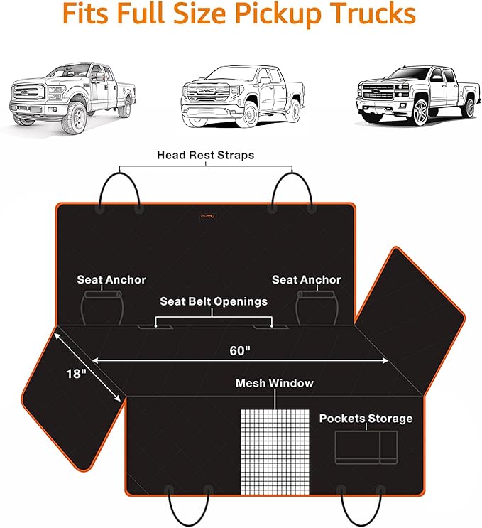 iBuddy Truck Seat Cover for Dogs Waterproof 900D Soft Back Seat Cover for Crew Cab Protects Vehicle from Dog Hair, Scratches, Dirt Durable Rear Seat Cover for Pickup Truck F150 F250 Ram GMC 1500 2500