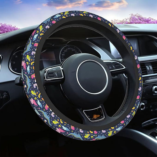 Swono Dinosaurs Cute Steering Wheel Cover Universal 15 Inch Cartoon Cute Dinosaurs with Rainbow Neoprene Car Steering Wheel Covers Stretchy Car Accessories for Women