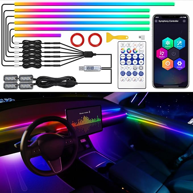 Dreamcolor Acrylic Interior Car LED Strip Light with USB/Type C, 10 in 1 with 175 inches 600 LEDs Ambient Lighting Kits, Sound Active Function Neon Accessories