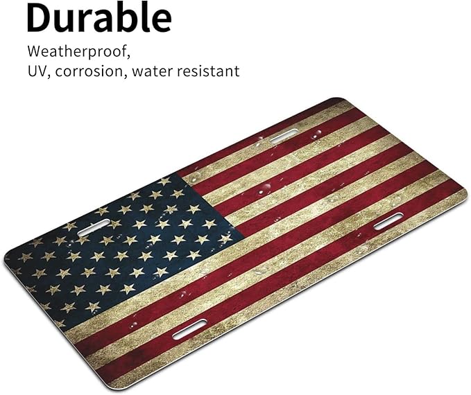 Rustic American Flag Front License Plate Aluminum Decorative License Plates Funny Metal Car Plate 6"X12" Novelty Vanity Tag Cover with 4 Holes Car Decor Accessory