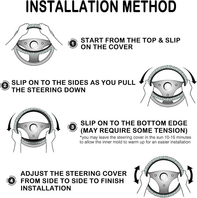 Vintage Blue Flower Steering Wheel Cover for Women, Anti-Slip Car Steering Wheel Cover with 2 Pcs Cup Holders Neoprene Breathable Car Accessories Universal 15 Inch Auto Interior Decor