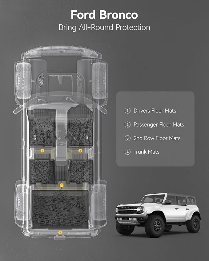 3W Floor Mats & Cargo Liner Fit for 2021-2024 2025 Ford Bronco 4 Door, TPE All Weather Custom Fit Floor Liner 1st 2nd Row and Full Set Trunk Mats, Black (Not for Bronco Sport & Rubberized Floor)