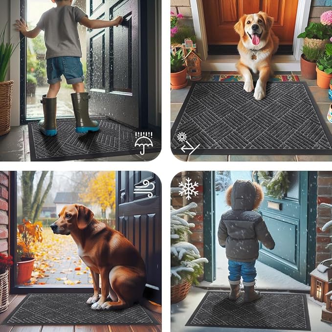 Smiry Front Door Mat Outside Entrance, Heavy Duty Outdoor Indoor Natural Rubber Doormat, Non Slip, Trap Dirt and Moisture, Easy Clean, Low Profile Patio Porch Entryway Mat, 47x32, Light Grey