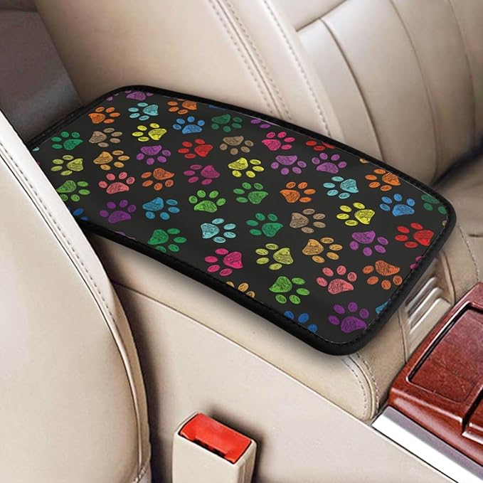 Dog Paw Prints Rainbow Colorful Foot Prints Auto Center Console Armrest Pad Universal Car Center Console Cover Seat Box Cover for Sedan, Van, SUV, Truck Car Accessorie