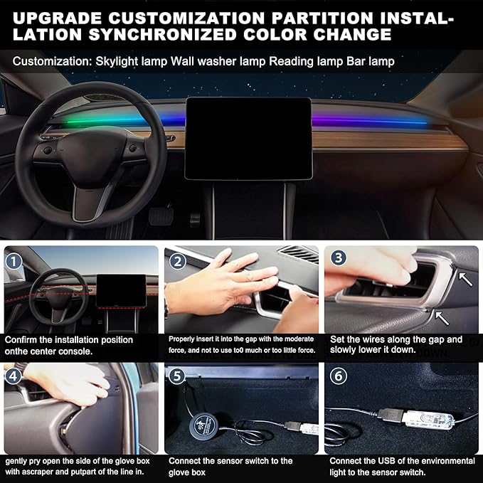 Dreamcolor Acrylic Interior Car LED Strip Light with Motion Sensor Switch, 55.1 inches Neon LED Strip Light, RGB Colors Ambient Lighting Kits