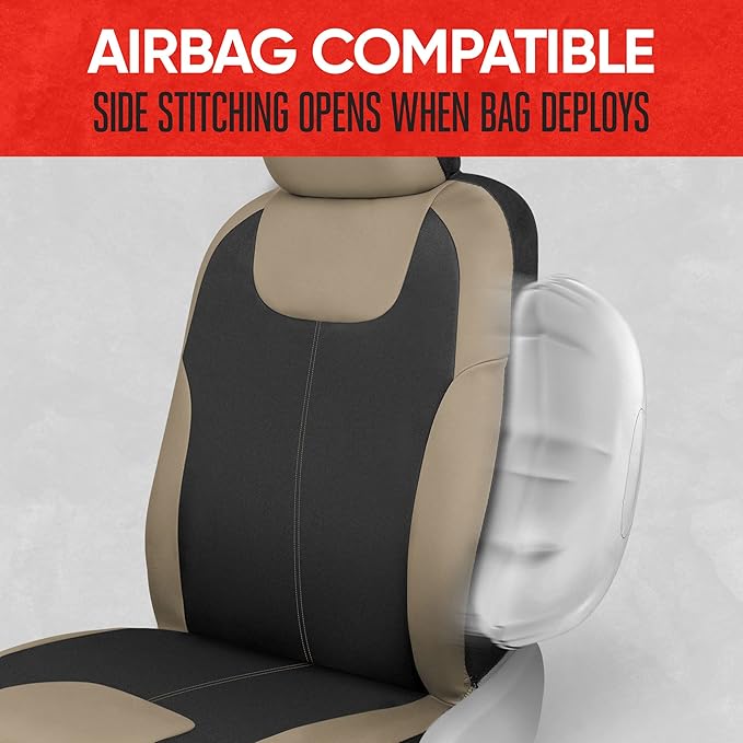 Motor Trend Beige Waterproof Seat Covers for Front Seats – Premium Neoprene Car Seat Covers, Car Seat Protectors with Removable Headrest, Interior Covers for Auto, Truck, Van, SUV Seat Protection