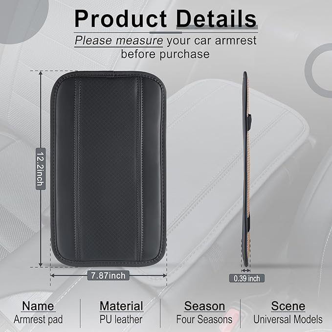 Amiss Car Center Console Pad, Universal Waterproof Car Armrest Seat Box Cover, PU Leather Auto Armrest Cover Protector，Vehicle Interior Accessories fits SUV/Truck/Car (Gray)