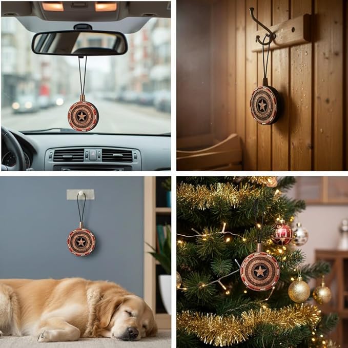 Wood Car Air Freshener — Captain Shield Handmade Unscented DIY Essential Oil Hanging Diffuser with Felt Insert — Add Your Own Oils — Refillable — Car/Truck/SUV — Cardboard Box