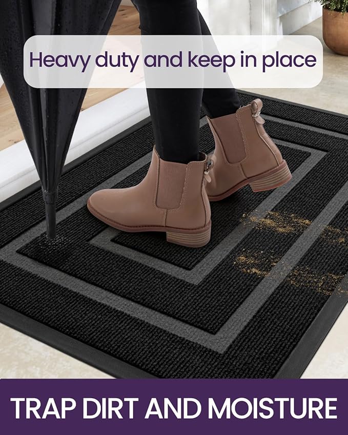 DEXI Front Door Mat Outside Entrance, Heavy Duty Rubber Backed Doormat, Stain and Fade Resistant, Low-Profile Easy Clean Entryway Floor Mats, 17x29, Rectangles Black