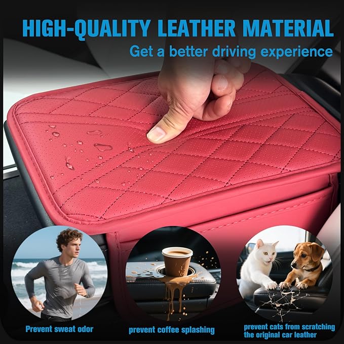 Upgraded Car Center Console Cover Microfiber Leather Armrest Cover Cushion with 2 Storage Bags&Universal Car Armrest Storage Box Universal Car Interior Accessory (2 Pockets, Red)