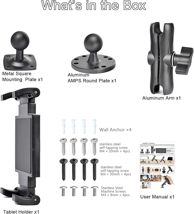 Heavy-Duty Tablet Mount, Aluminum Arm, Screw-Locked Holder, Industrial AMPS Base – Fits RAM B Size – Truck, Car, RV Dash, Desk, Wall Mount – 7–12.9" iPad Pro, Air, Mini, Galaxy Tab Holder