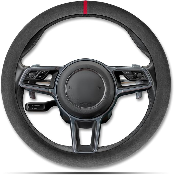Alcantara Sports Steering Wheel Cover 14.5" to 15" Fit - Anti-Slip Comfort Grip, Durable Soft Suede-Feel Luxury Material for Men Drivers | Fits Sports Cars, Luxury Cars, Sedans, SUVs and EV