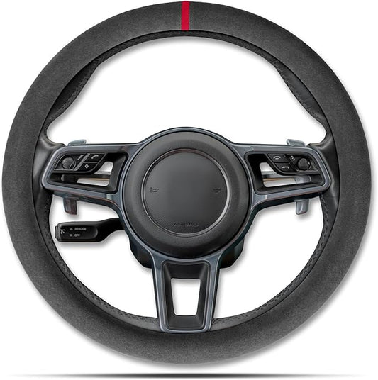 Alcantara Sports Steering Wheel Cover 14.5" to 15" Fit - Anti-Slip Comfort Grip, Durable Soft Suede-Feel Luxury Material for Men Drivers | Fits Sports Cars, Luxury Cars, Sedans, SUVs and EV