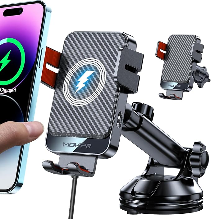 Wireless Car Charger, MOKPR 15W Fast Charging Auto-Clamping Car Mount Hands-Free Car Charger Mount for Dash Windshield Air Vent Compatible with iPhone 16 15/14/13/12, Samsung S23/S22/S21,red