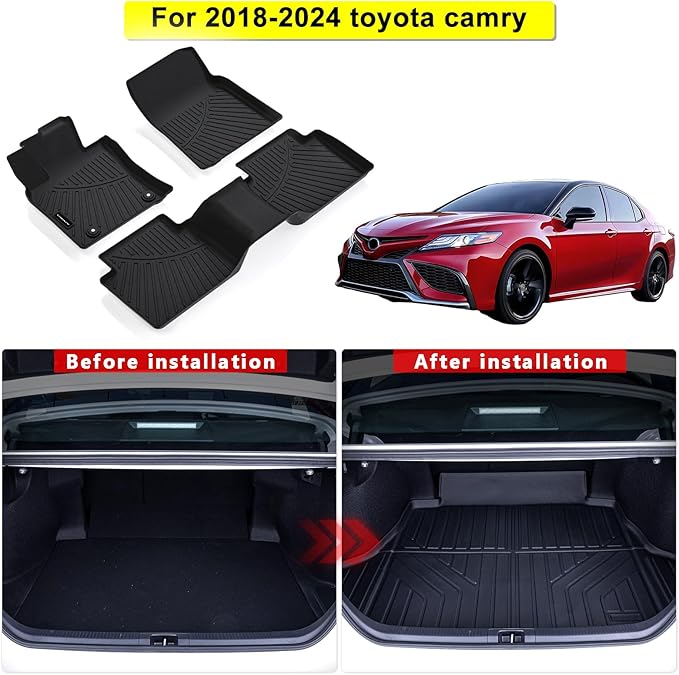 Floor Mats & Trunk Mat for 2018-2024 Toyota Camry (Not for AWD/Hybrid) - All Weather TPE Waterproof, Anti-Slip, Custom Fit Front, 2nd Seat & Rear Trunk Protection