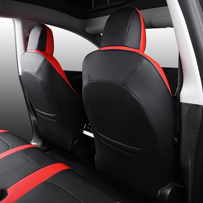 Suitable for Tesla Model Y Seat Covers, Waterproof Faux Leather Car Seat Covers Full Set for Tesla Model Y 2020 2021 2022 2023 2024 (Black+Red)