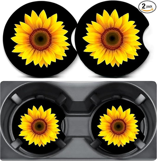 2 Pack Car Coasters for Cup Holders,Sunflower Car Cup Holder Coasters,2.75" Universal Size Anti Slip Rubber Mat,Automotive Interior Accessories,Sunflower Gifts for Women,Mom,Her,Wife,Girlfriend