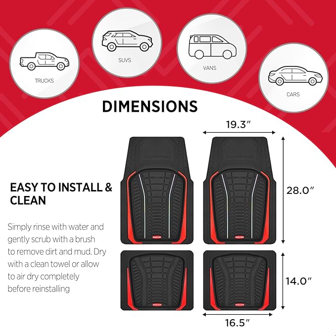Rubbermaid Car Floor Mats Full Set – Premium All-Weather Car Mat with Brushed Aluminum Inserts, Universal Trim-to-Fit Design, Anti-Slip Backing for Cars, SUVs, Trucks, and Vans