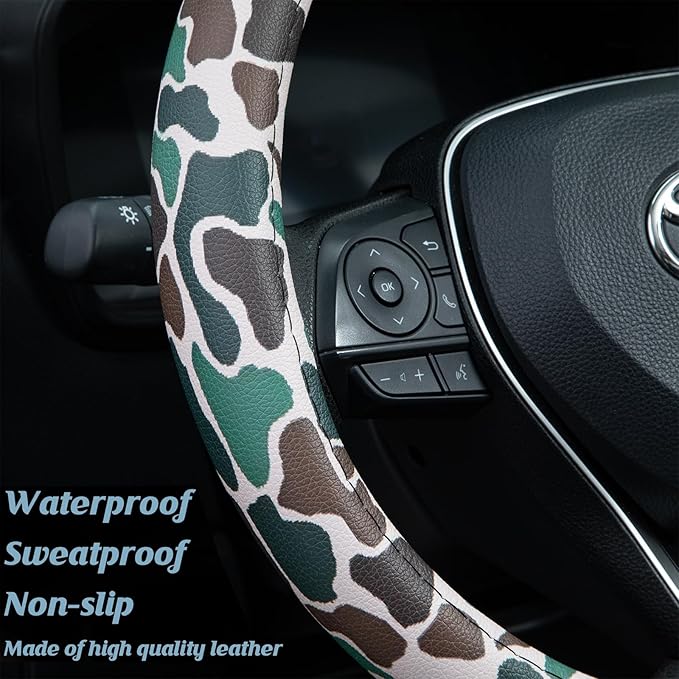 Army Dark Camo Steering Wheel Cover Auto Leather Steering Wheel Protector, Anti-Slip, Breathable, Absorbing Sweat, Universal Camo Car Accessories 14.5–15 inch,Fit for Most Car, Trucks, SUV