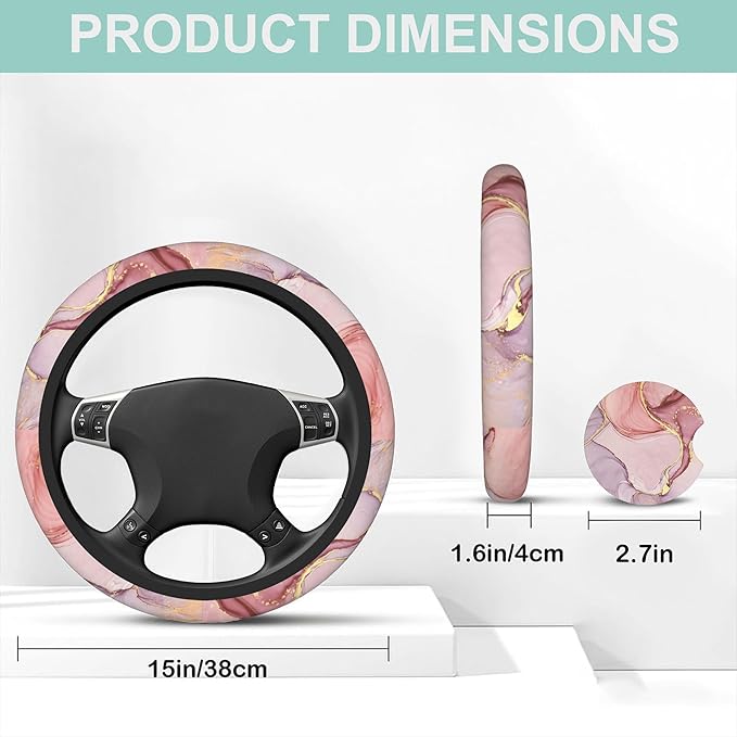 Pink Golden Liquid Marble Steering Wheel Cover for Women Men,Anti-Slip Breathable Car Steering Wheel Cover Elastic Protection with 2 Pieces Car Coasters,Universal 15" Fit Auto,Suvs,Truck