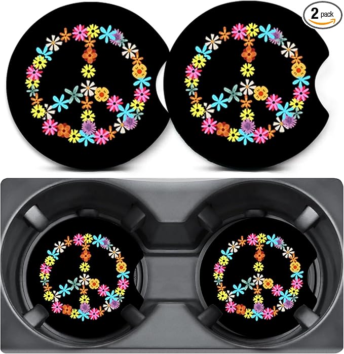 2 Pack Car Coasters for Cup Holders,Flower Peace Car Cup Holder Coasters,2.75" Universal Size Anti Slip Rubber Mat,Automotive Interior Accessories,Automotive Cup Holder Decor,Gifts for Women Men Mom
