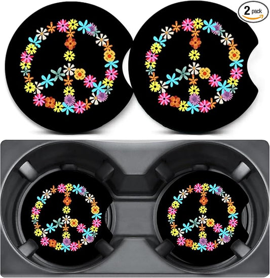 2 Pack Car Coasters for Cup Holders,Flower Peace Car Cup Holder Coasters,2.75" Universal Size Anti Slip Rubber Mat,Automotive Interior Accessories,Automotive Cup Holder Decor,Gifts for Women Men Mom