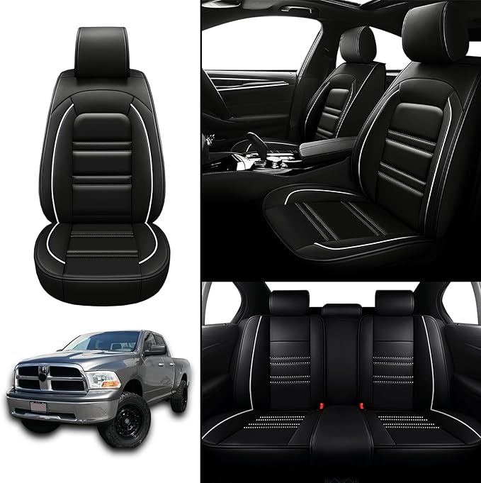 Seat Covers for Dodge ram 1500 2004-2011 | 5-Seats Leather Seat Covers, Easy to Install Automotive Seat Covers Full Set (Full Set, Black&White Line)