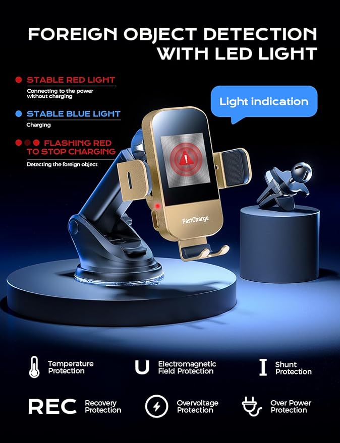 CHGeek Wireless Car Charger, 15W Fast Charging Auto Clamping Car Charger Phone Mount Phone Holder fit for iPhone 15 14 13 12 11 Pro Max Xs, Samsung Galaxy S25 Ultra S24 S23 S22, S21, S20, Golden