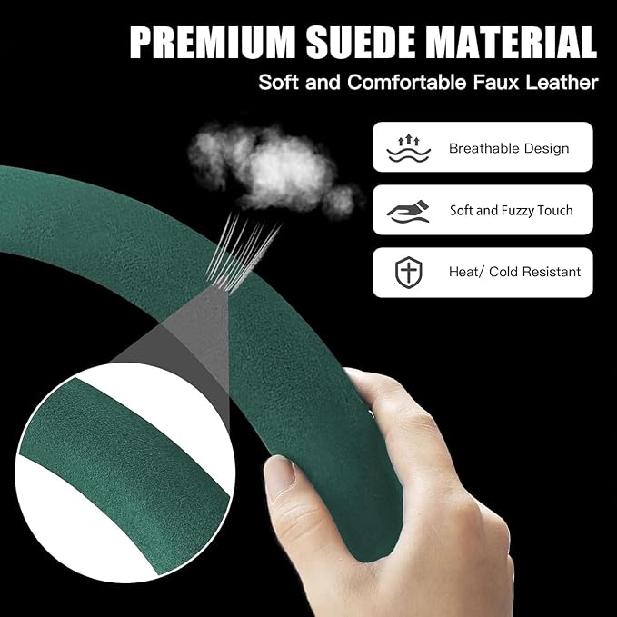 Suede Steering Wheel Cover with Upgraded Silicone Inner Ring, Breathable, Anti-Slip, Leather Universal 14.5 to 15 Inch Steering Wheel Cover (Pure Green)