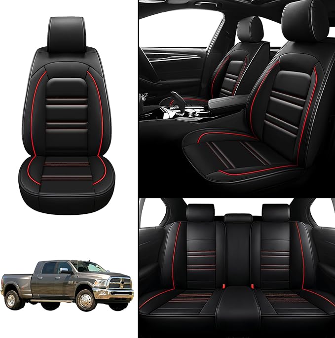 Seat Covers for Dodge ram 3500 2004-2011 | 5-Seats Leather Seat Covers, Easy to Install Automotive Seat Covers Full Set (Full Set, Black&Red Line)