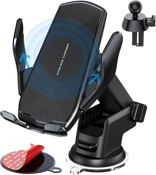 Wireless Car Charger Mount, 15W Qi Fast Charging Auto-Clamping Cell Phone Car Holder Air Vent Windshield Dashboard Long Arm Suction Cup Car Phone Mount for iPhone13 /12/11 Samsung S20/S10/S9/S8 LG