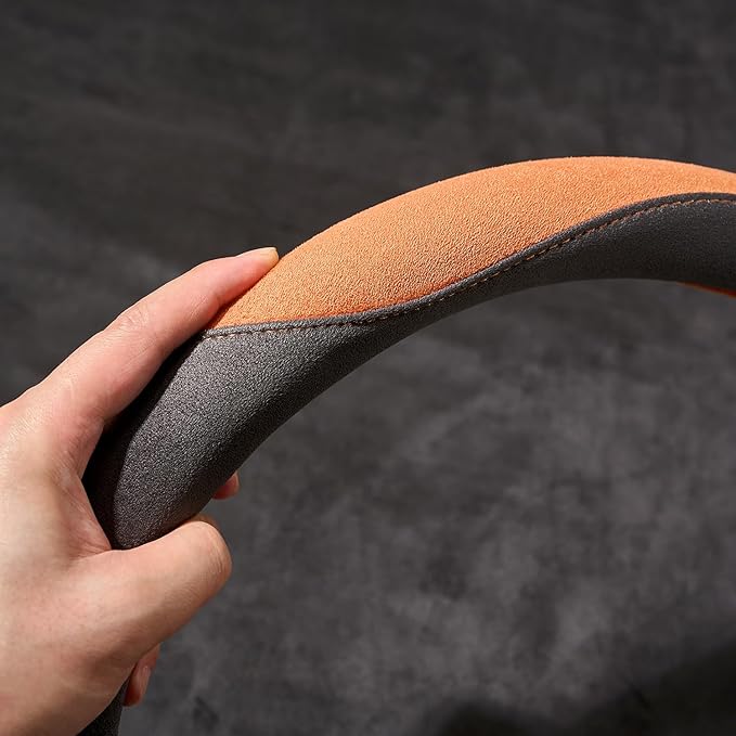 OURTIME Faux Suede Car Steering Wheel Cover, Universal 15 inch,Anti-Slip, Comfortable, Soft,Microfiber Breathable Suede Fabric,Warm in Winter and Cool in Summer (Gray with Orange)