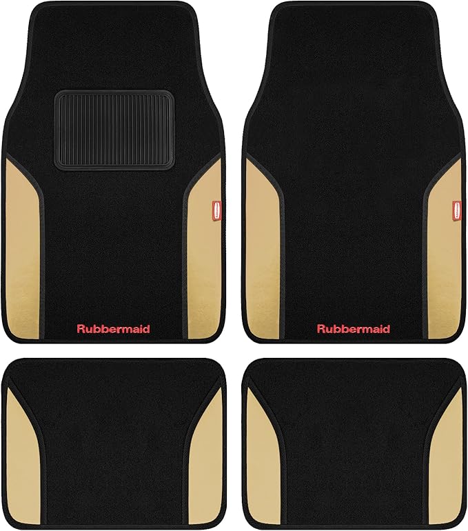 Rubbermaid Car Mats, Carpeted Floor Car Mat with Faux Leather & Built-in Heel Pad, Two-Tone Car Rug Floor Mats, Stylish Carpeted Floor Mats for Cars, Trucks & SUVs Beige Color