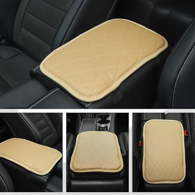 Amiss Auto Center Console Pad, Universal Waterproof Car Armrest Seat Box Cover, Car Interior Accessories, Breathable Leather Auto Armrest Cover Protector for Most Vehicle, SUV, Truck, Car (Beige)