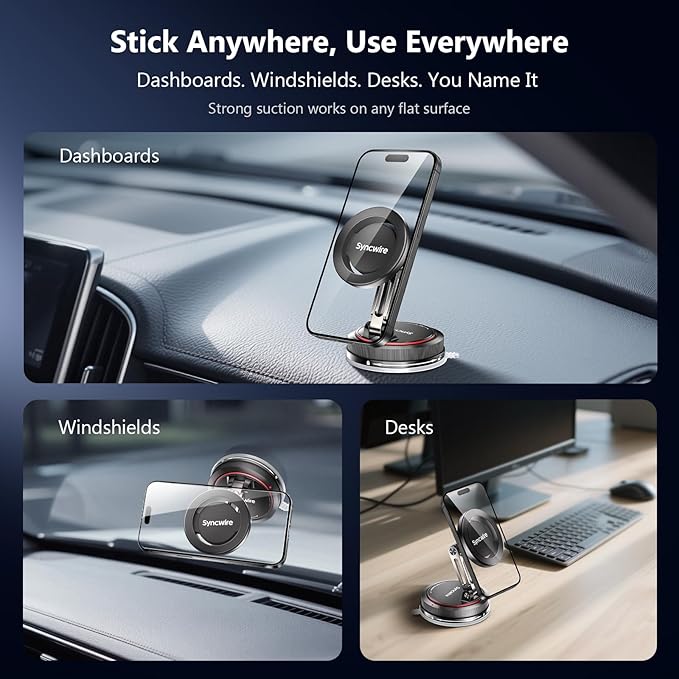 SYNCWIRE for MagSafe Car Mount [2-Axis Design] Nano Adhesive Gel + Suction Cup Magnetic Phone Holder for Dashboard & Windshield, 360° Adjustable for iPhone 17 16 15 14 13 12 11, Samsung, Matte Black