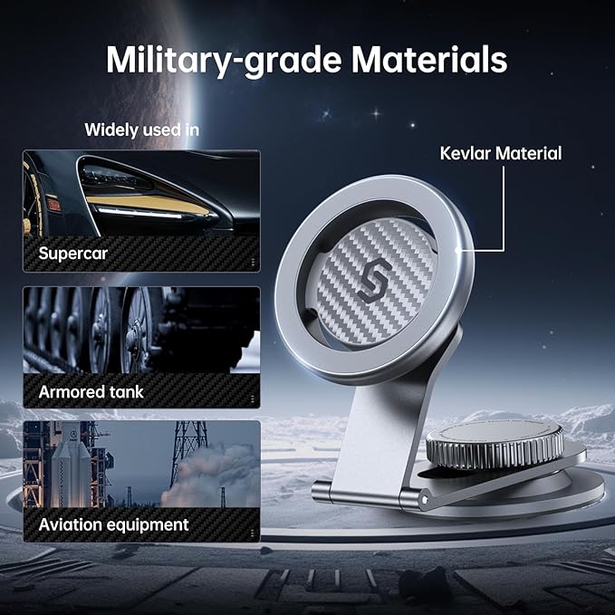 SYNCWIRE Fits MagSafe Car Mount for Universal Dashboard & Tesla Screen,Kevlar Silver Magnetic Phone Holder for Car,Super Stable Magnetic Car Phone Mount for iPhone 17 Pro Max 16 15 14 13 12&All Phones