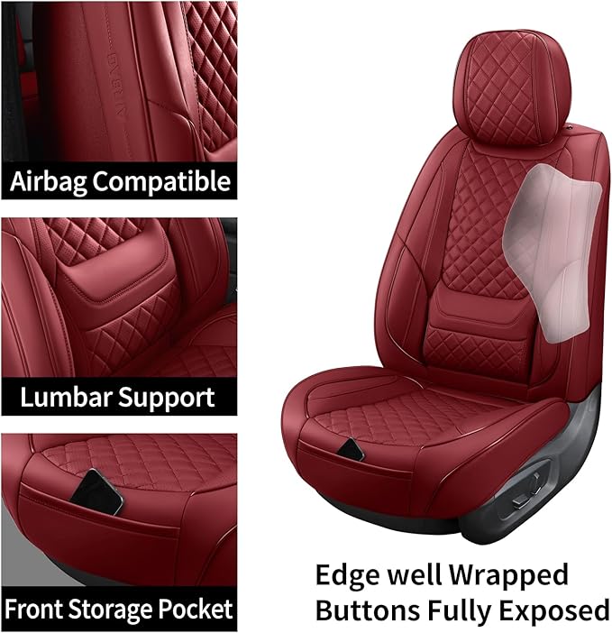 Leather Car Seat Covers Full Set Breathable Automotive Seat Covers Waterproof Seat Protectors Universal Fit for Most Automotive Cars SUV Trucks Van(Red, Full Set)