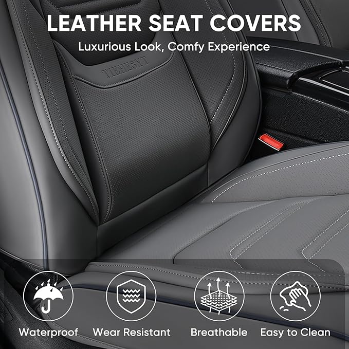 Gray Car Seat Covers Full Set, Breathable Leather Automotive Front and Rear Seat Covers & Headrest for Reduce The Driving Fatigue, Compatible with Most Vehicles, Cars