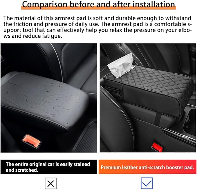 Upgrade Car Console Armrest Pad with Tissue Box,Comfortable Memory Foam Car Armrest Cushion,Premium PU Leather Car Armrest Cover,Universal Car Center Console Pillow,Car Accessories(Black)
