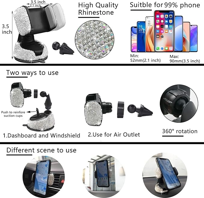 NBTEPEM 27 PCs Bling Car Accessories Set for Women, Steering Wheel Covers Universal Fit 15 Inch, Bling License Plate Frame, Bling Phone Holder, Bling Car Coasters (Silver Diamond)